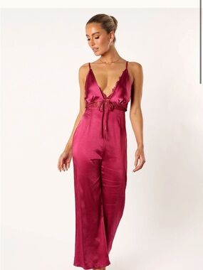 Aakaa Berry Satin Plunge Jumpsuit with Lace Trim